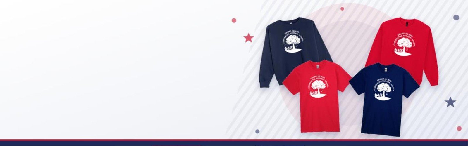Grand Island Co-operative Nursery School (GICNS) T-shirts and sweatshirts in navy and red with the school tree logo