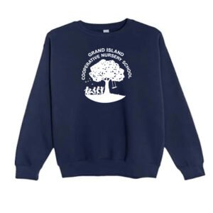 Navy GICNS crewneck sweatshirt with white Grand Island Cooperative Nursery School tree logo