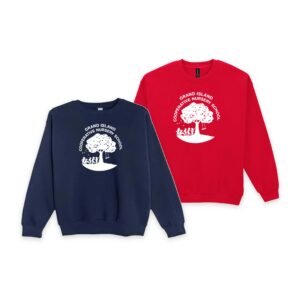 GICNS crewneck sweatshirts in navy and red with white Grand Island Cooperative Nursery School tree logo