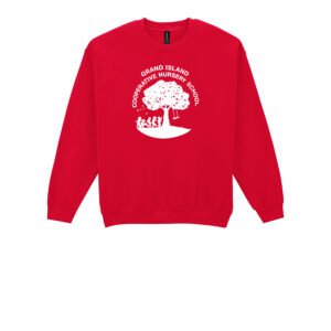 Red GICNS crewneck sweatshirt with white Grand Island Cooperative Nursery School tree logo