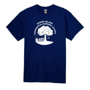 Navy GICNS T-shirt with white Grand Island Cooperative Nursery School tree logo