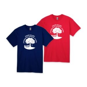 GICNS T-shirts in navy and red with white Grand Island Cooperative Nursery School tree logo