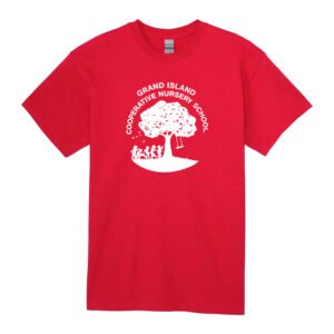 Red GICNS T-shirt with white Grand Island Cooperative Nursery School tree logo